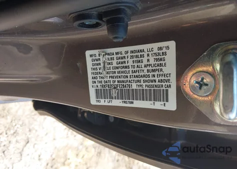 2015 Honda Civic Lx из США, поврежденный, VIN 19XFB2F53FE284761